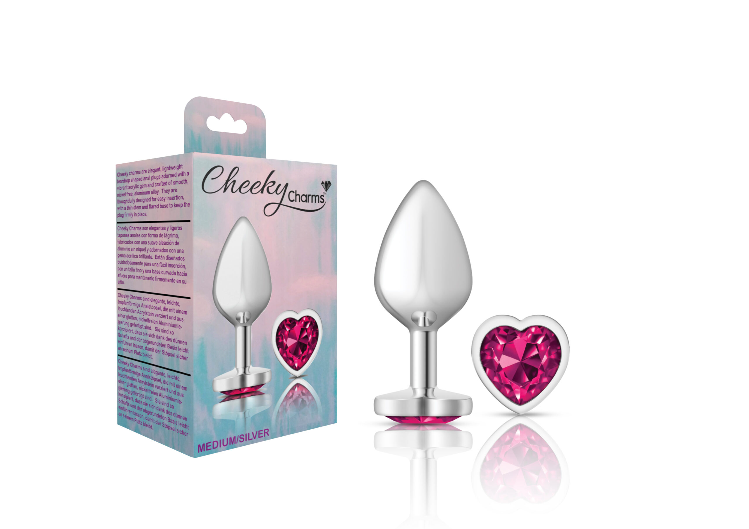 Bright Pink Heart Gem Silver Metal Plug - Md