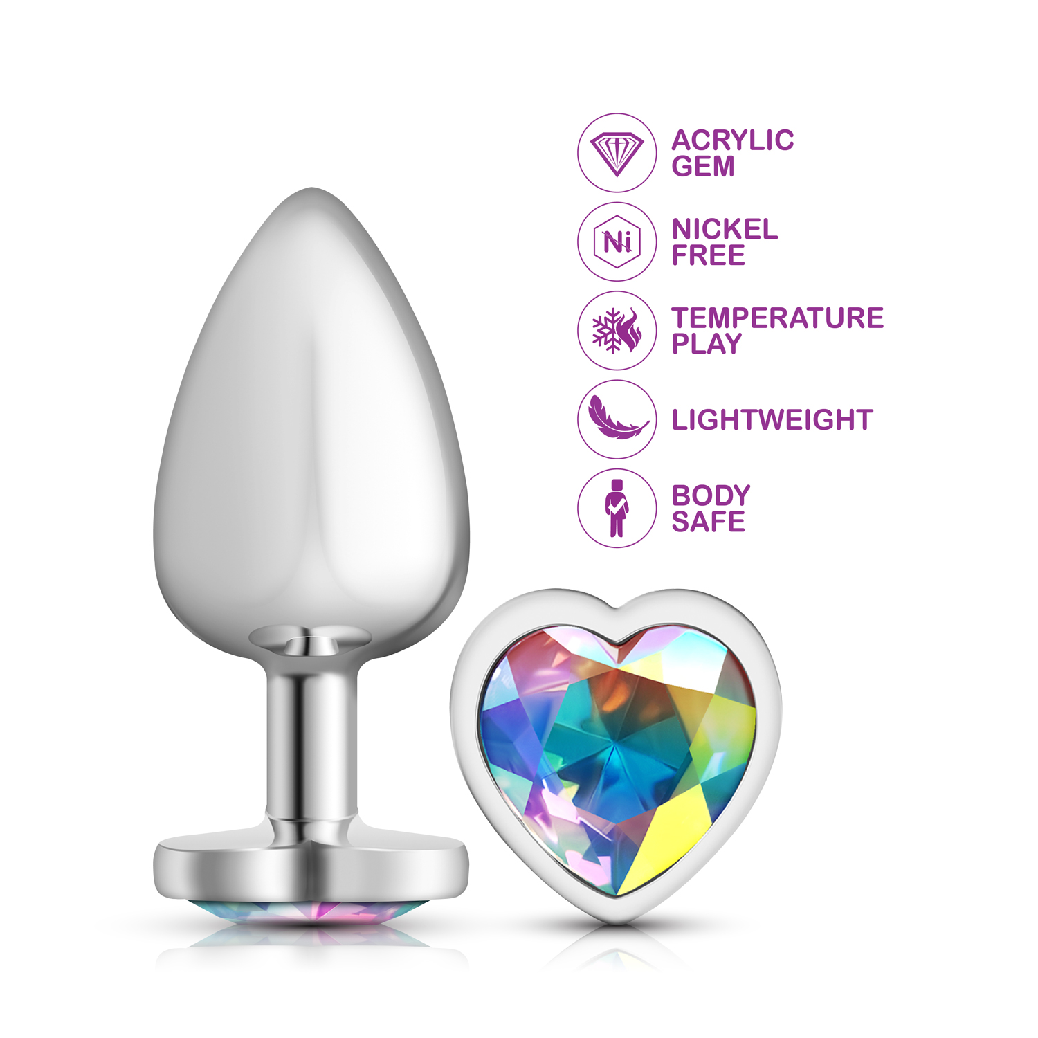 Clear Iridescent Heart Gem Silver Metal Plug - Lg
