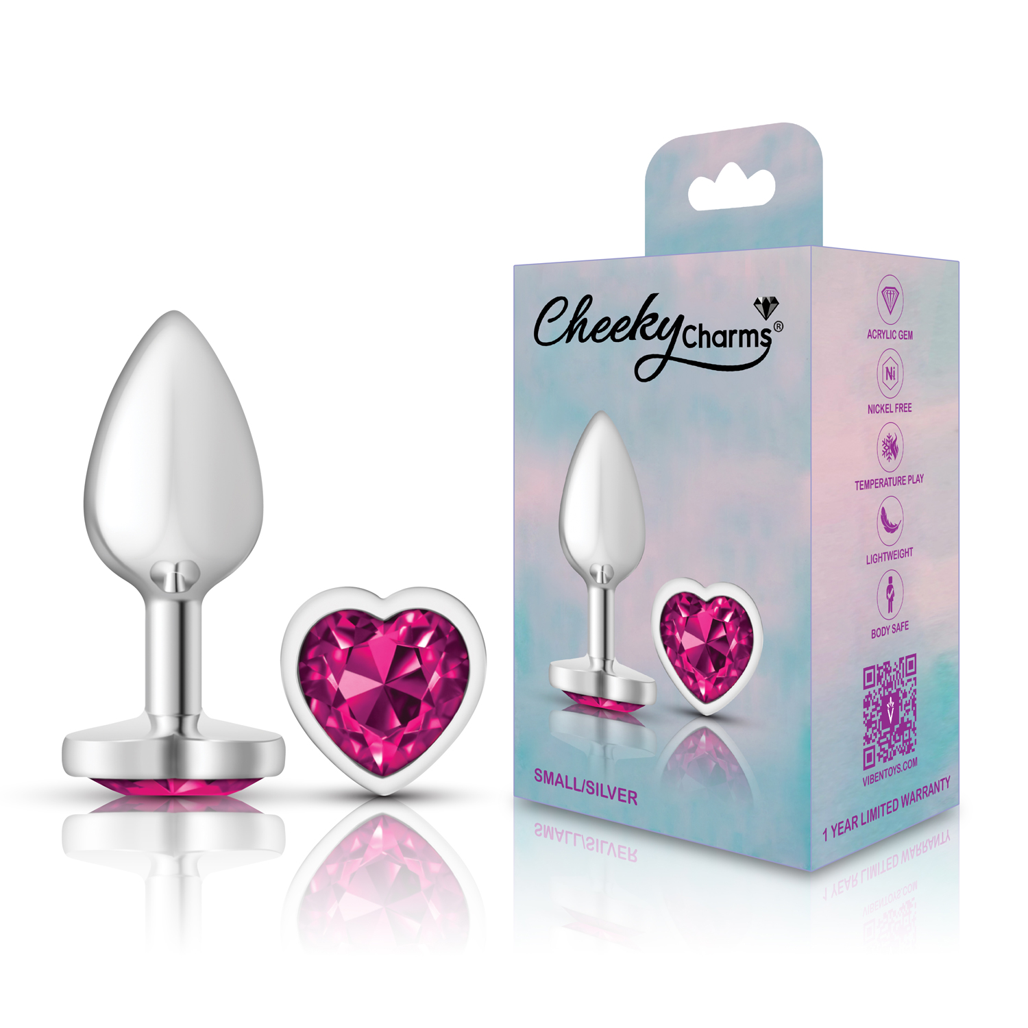 Bright Pink Heart Gem Silver Metal Plug - Sm - Image 5