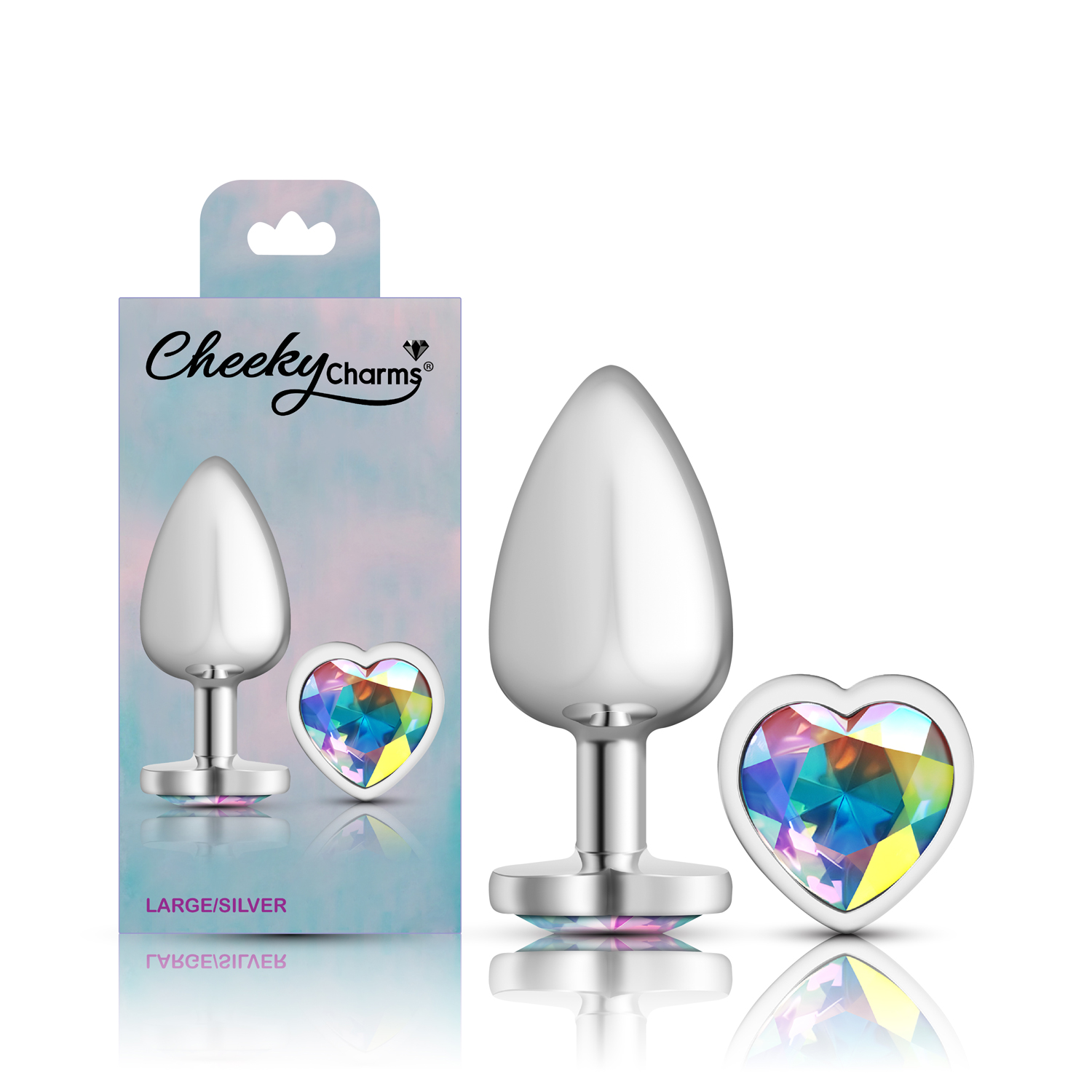 Clear Iridescent Heart Gem Silver Metal Plug - Lg - Image 6