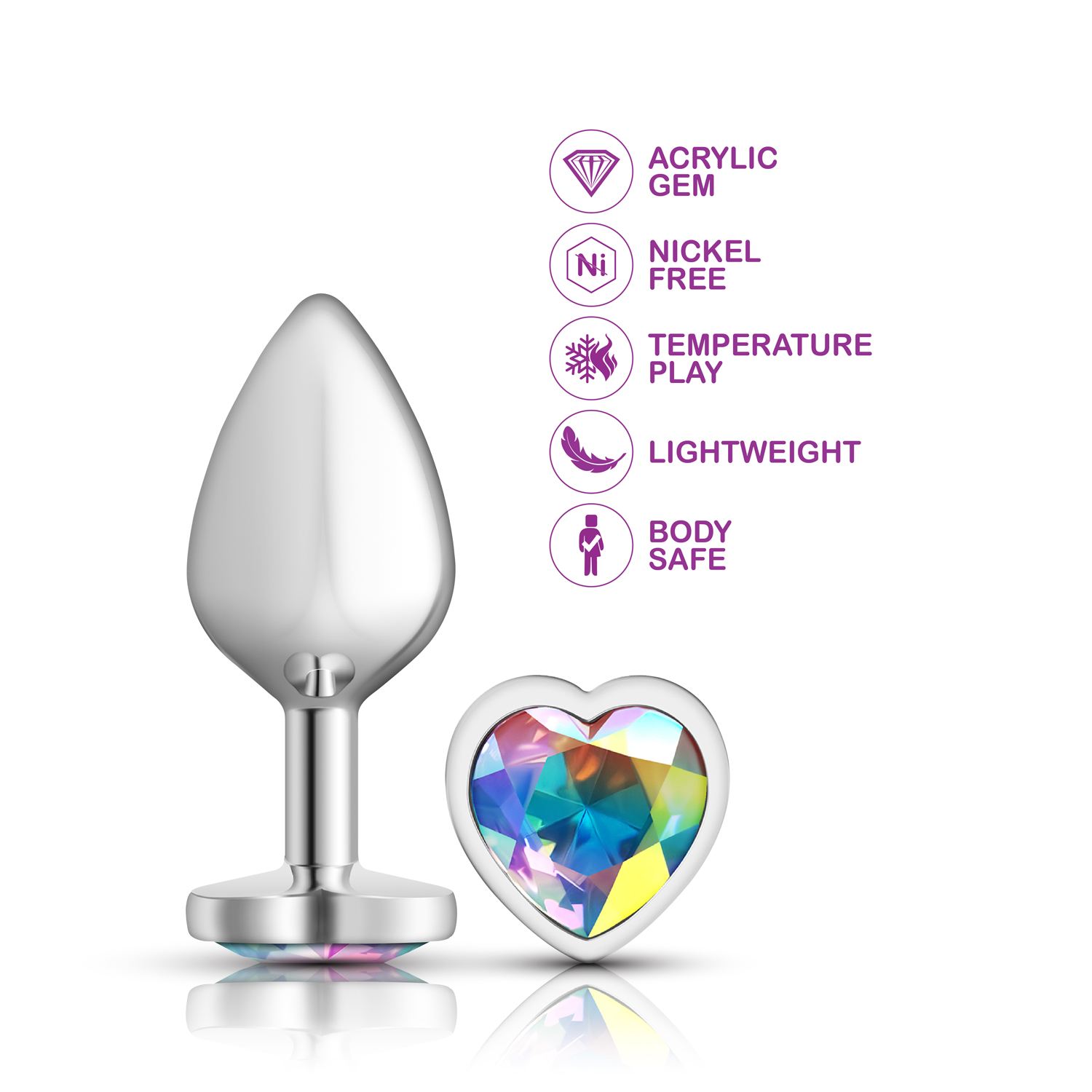 Clear Iridescent Heart Gem Silver Metal Plug - Md - Image 3