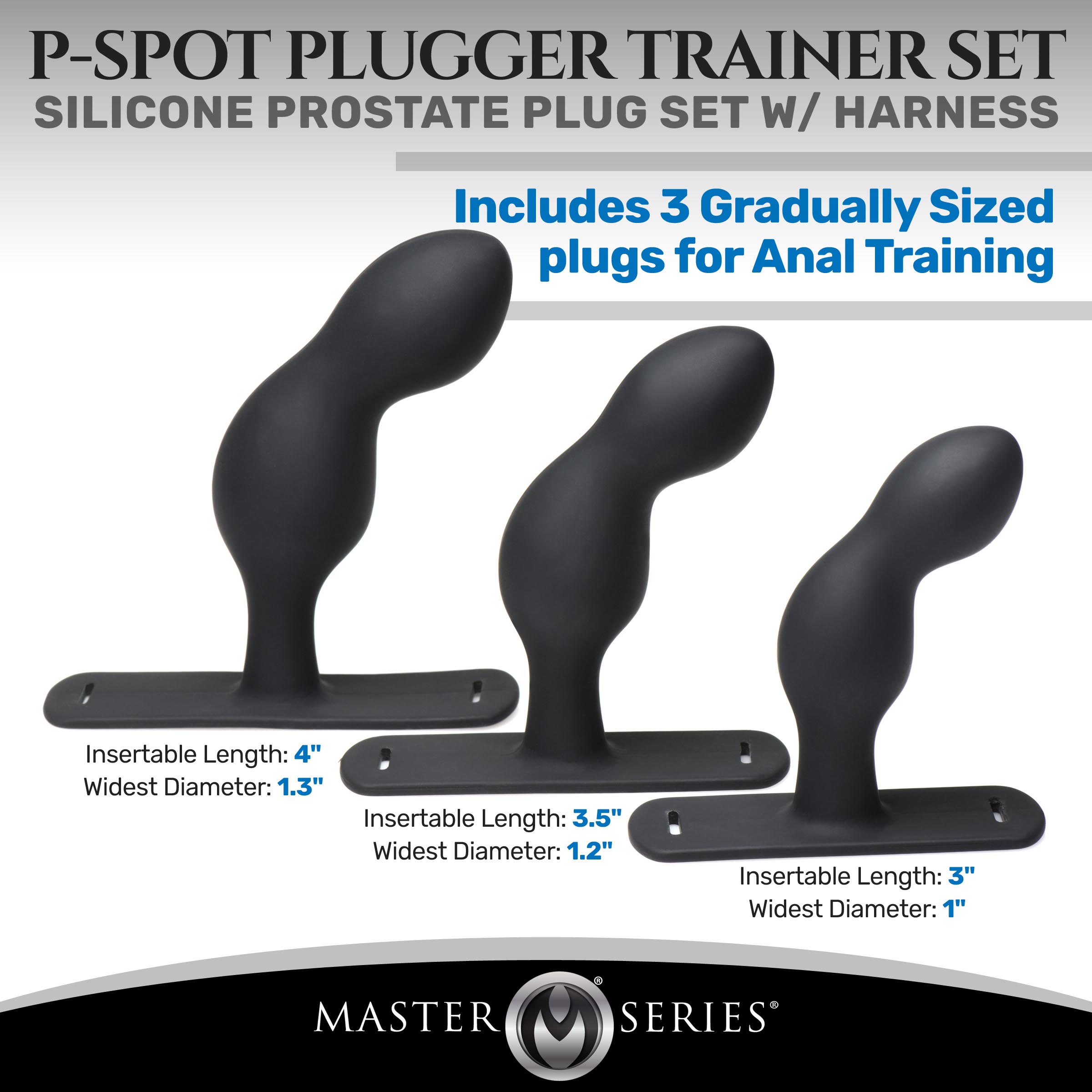 P-Spot Plugger Trainer Set Silicone 3 Piece Prostate Plug Set with Harness - Image 4