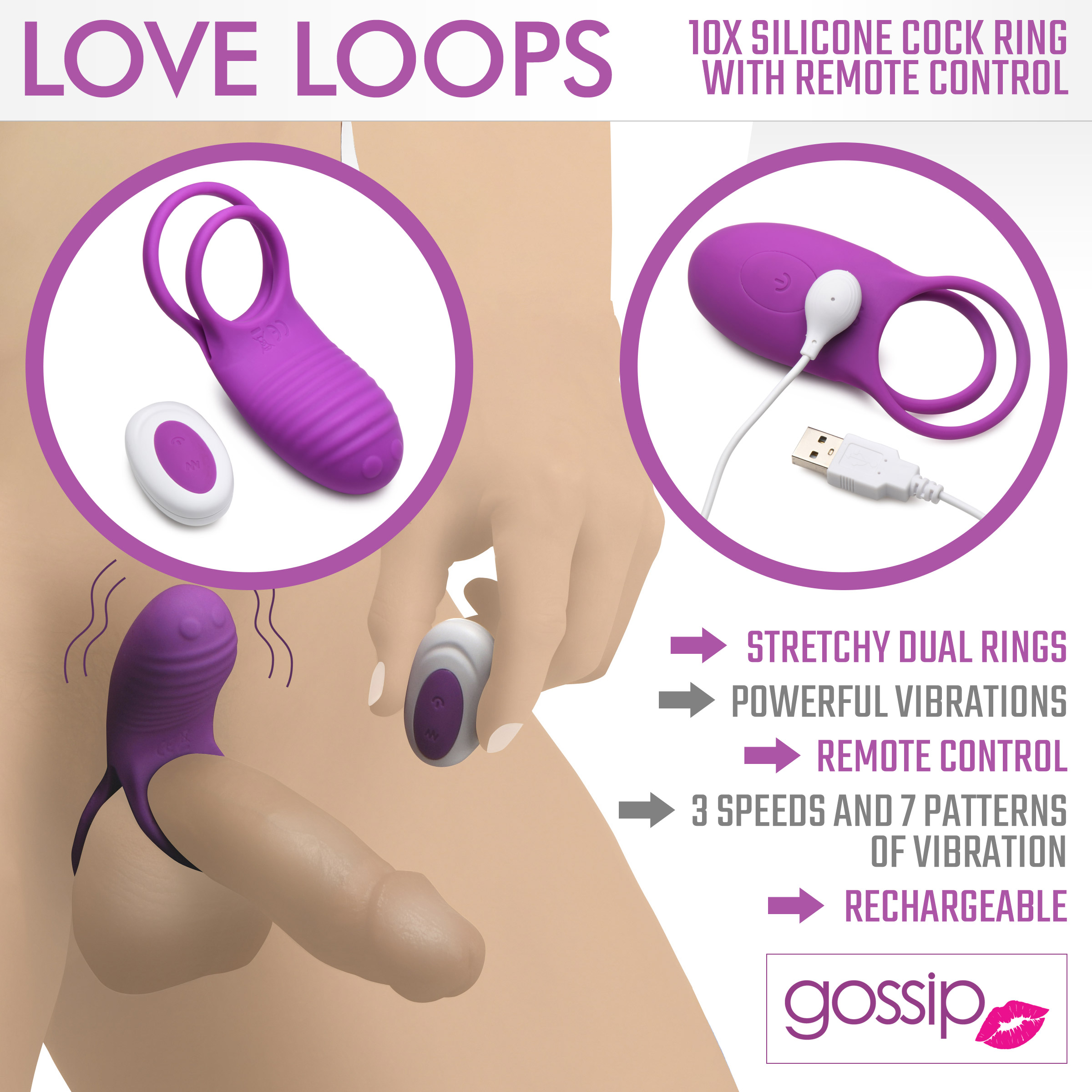Love Loops 10X Silicone Cock Ring with Remote - Purple - Image 2