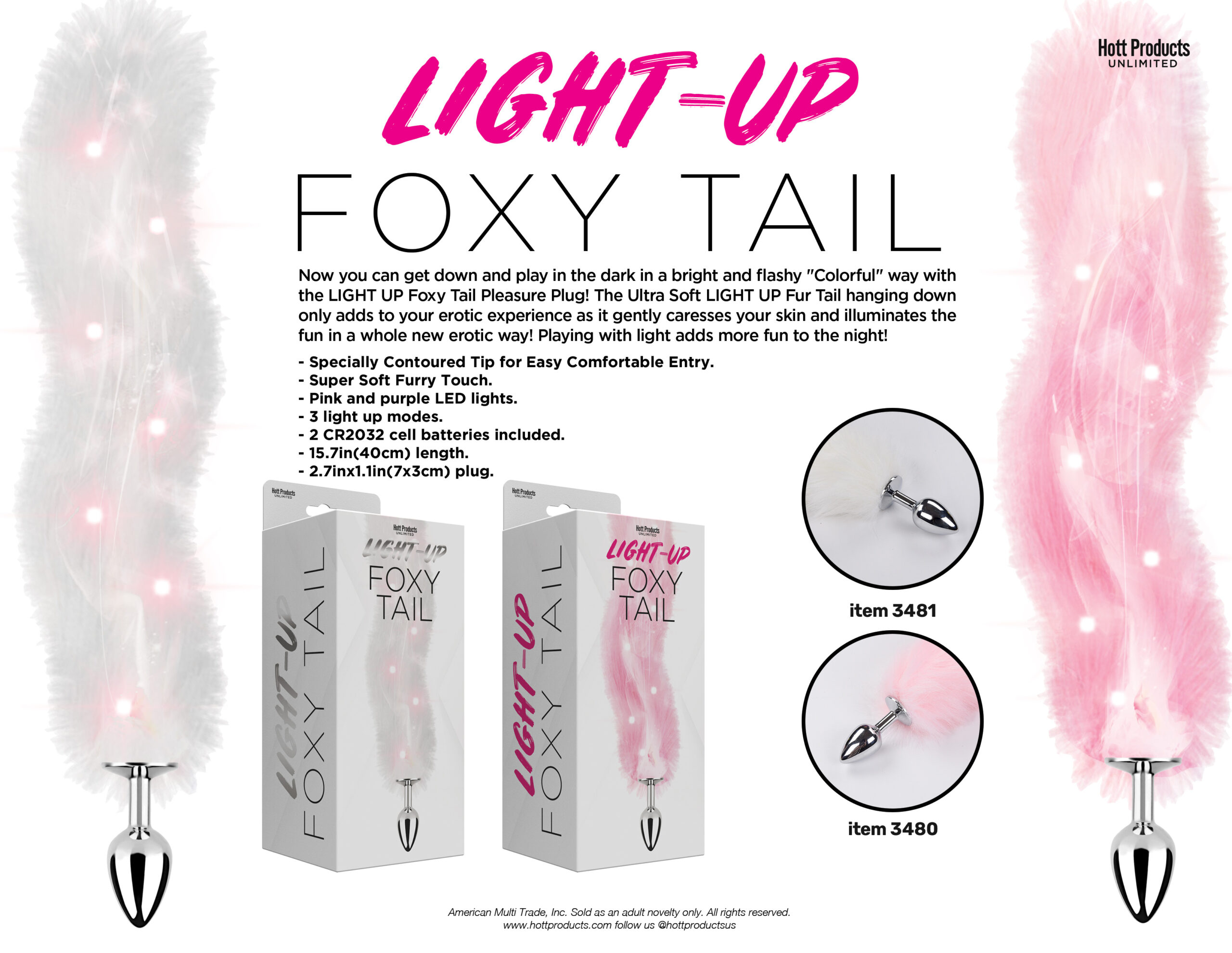 Foxy Tail - Light Up Faux Fur Butt Plug - White Plug - White