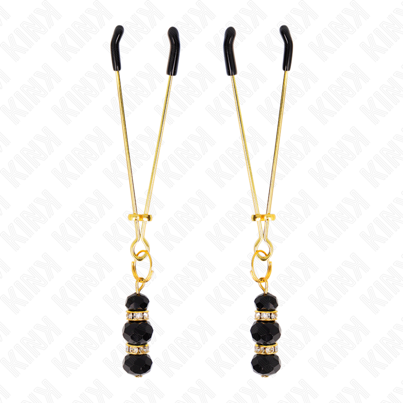 KINK - GOLD THIN NIPPLE CLAMPS WITH 3 BLACK GLASS BEADS 7 CM - Image 2