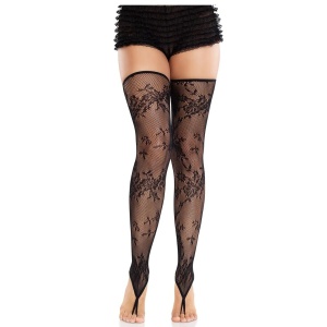 LEG AVENUE - FLORAL LACE FOOTLESS STOCKINGS BLACK