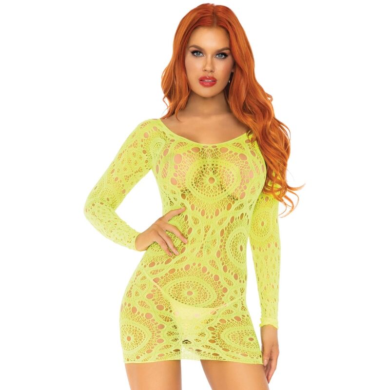 LEG AVENUE - CROCHET LACE LONG SLEEVE MINI DRESS NEON ONE SIZE - Image 2
